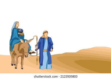 Vector of Joseph is taking Mary and Jesus walking on sand.
