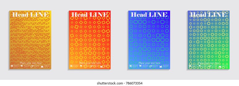 Vector journal design geometric shape background set, halftone lines hipster pattern abstract covers collection.