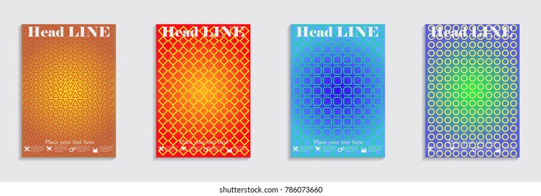 Vector journal design geometric shape background set, halftone lines hipster pattern abstract covers collection.