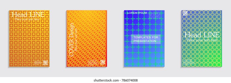 Vector journal design geometric shape background set, halftone lines hipster pattern abstract covers collection.