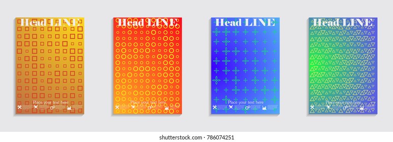 Vector journal design geometric shape background set, halftone lines hipster pattern abstract covers collection.