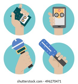 Vector journalism concept with hands holding microphone notepad and dictaphone