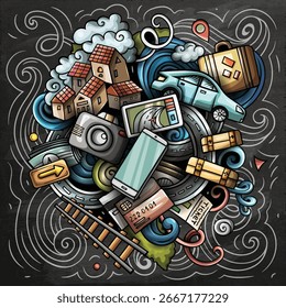 Vector Journey hand drawn cartoon doodle chalkboard illustration. Travel funny objects and elements design. Hand-drawn, not AI