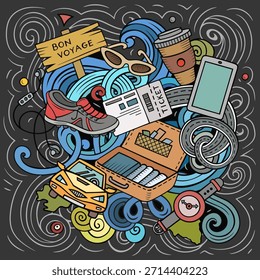 Ilustración de pizarra de doodle de dibujos animados dibujados a mano de Vector Journey. Diseño de objetos y Elementos divertidos de viaje.