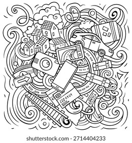 Vetor Journey desenhado à mão desenhos animados rabiscar ilustração de arte de linha. Viaje objetos engraçados e design de elementos.