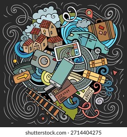 Ilustración de pizarra de doodle de dibujos animados dibujados a mano de Vector Journey. Diseño de objetos y Elementos divertidos de viaje.