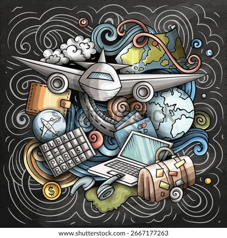 Vector Journey hand drawn cartoon doodle chalkboard illustration. Travel funny objects and elements design. Hand-drawn, not AI