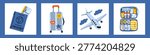 Vector journey set of cute travel illustration. Passport and ticket, rolling suitcase, flying airplane, open luggage, for travel blog, social media, sticker pack or trip planner design.