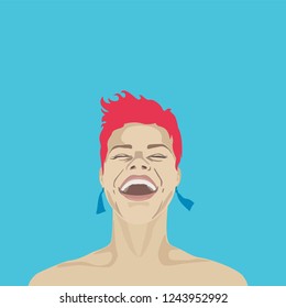 vector joy woman with short pink hair is  laughs
