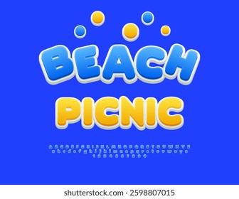 Vector Joyful Advertisement Beach Picnic. Round Blue Font. Modern Cool Alphabet Letters and Numbers set.
