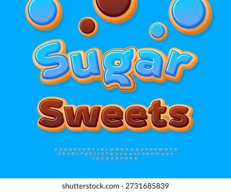 Vektor Freude Banner Zucker Süßigkeiten. Köstliche süße Kuchen-Schriftart. Leckere Buchstaben und Zahlen aus Alphabet.	