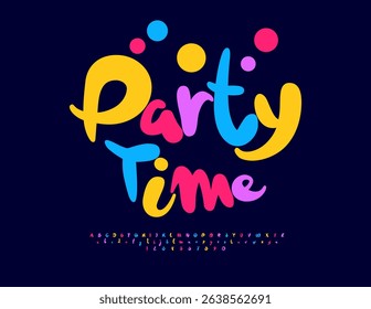 Vector Joyful card Party Time. Holiday Colorful Font. Bright Festive Alphabet Letters and Numbers set.