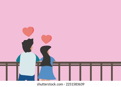 Vector de adorable y alegre pareja encantadora en cita de amor y ver la vista junto con el fondo del corazón y rosa fondo de pantalla de fondo uso para valentinas o pareja de amor concepto de fondo de pared de amor de día valentino.