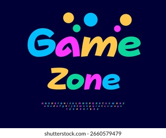 Vector Joyful emblema Game Zone. Fuente de Bright Kids. Alfabeto digital festivo para niños Logo, marketing, publicidad.