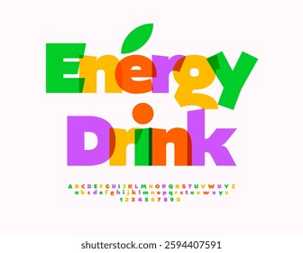Vector Joyful flyer Energy Drink. Transparent Watercolor Font. Bright Colorful Alphabet Letters and Numbers set.