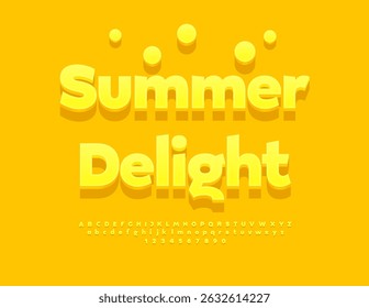 Vector Joyful flyer Summer Delight. Sunny Yellow Font. Fashion 3D Alphabet Letters and Numbers.