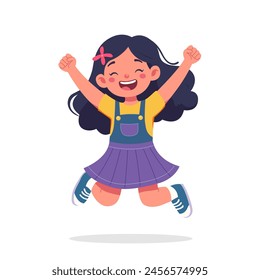 Vector of a joyful girl with long hair in a purple skirt and sneakers, embodying youthful energy and fun. Kids vector cartoon illustration. Child, schoolgirl, little girl isolated on white background.