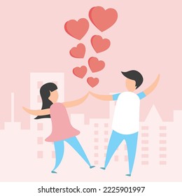 Vector Joyful lovely couple dance together with love heart concept pink background valentine's day banner decoration love couple.illustration paper art love style love couple concept for valentine day