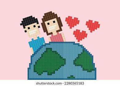 Vector Joyful lovely couple in love on earth together with red heart pixel 8 bit paper art concept background valentine day decoration love couple design for valentine day love couple 8bit 