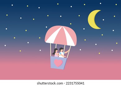 Vector alegre encantadora pareja de globos adorables enamorados de la noche del atardecer estrella del cielo luna. Antecedentes del concepto de pareja de amor Día valentino Banner de venta en línea Pareja en el concepto de feliz amor, viaje de enamorados juntos.