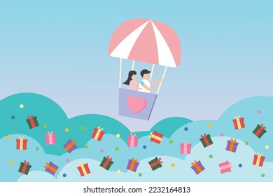 Vector alegre adorable y adorable pareja de aeromozas en el amor juntos la caja de regalo de la nube de cielo. Concepto de pareja de amor fondo Día de San Valentín amor venta en línea banner de compras navidad día de cumpleaños ilustración.