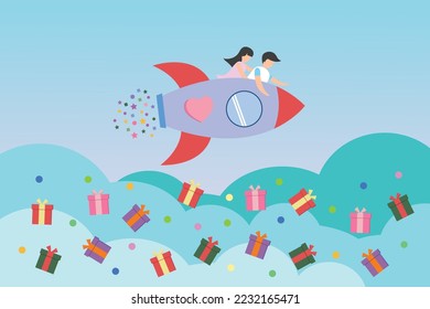 Vector alegre adorable lindo cohete o pareja de misil en el amor juntos la caja de regalo de la nube cielo. Concepto de pareja de amor fondo Día de San Valentín amor cohete venta en línea banner navidad navidad ilustración de cumpleaños.