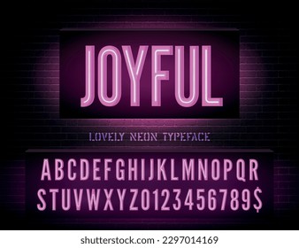 Vektorfröhliches nächtliches Lichtzeichen und schmale rosa Neonkastenschriftart mit Zahlen auf dunklem Ziegelmauerhintergrund