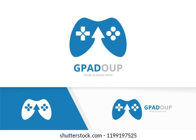 Vector joystick and arrow up logo combination. Gamepad and growth symbol or icon. Unique console controller and upload logotype design template.