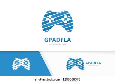 Vector joystick logo combination. Gamepad symbol or icon. Unique console controller logotype design template.