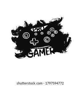 Vector joystick on a white background. Text, pro gamer. Abstract print design for t-shirt, poster. Grunge style, hand-drawing.