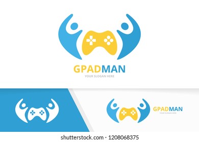 Vector joystick and people logo combination. Gamepad and family symbol or icon. Unique console controller logotype design template.