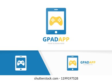 Vector joystick and phone logo combination. Gamepad and mobile symbol or icon. Unique console controller and device logotype design template.