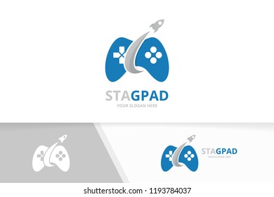 Vector joystick and rocket logo combination. Gamepad and airplane symbol or icon. Unique console controller and flight logotype design template.