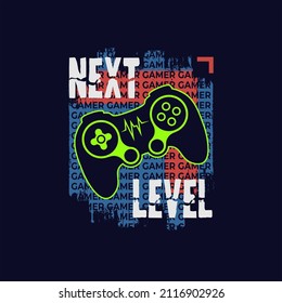 Vector joysticks gamepad illustration with slogan text, for t-shirt prints and other uses.
