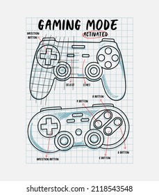 Vector joysticks gamepad illustration with slogan texts, for t-shirt prints and other uses.