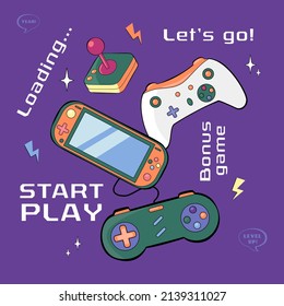 Vector joysticks gamepad illustration with slogan texts, for t-shirt prints and other uses