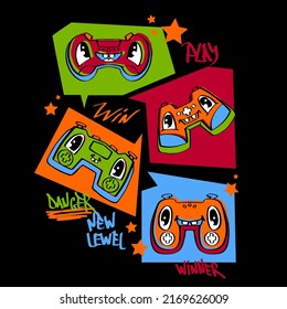 Vector joysticks gamepad illustration with slogan texts, for t-shirt prints and other uses.