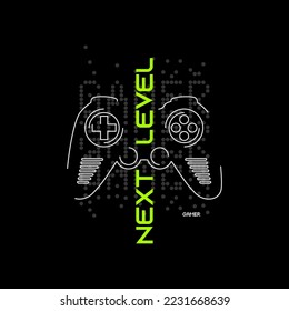 Vector joysticks gamepad ilustración con slogan de siguiente nivel, para impresiones de camisetas y otros usos.	