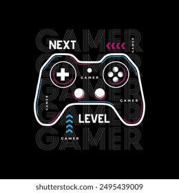 Vector joysticks gamepad illustration with slogan next level, for t-shirt prints and other uses.