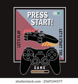 Vector joysticks gamepad illustration with slogan text, for t-shirt prints and other uses.