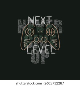 Vector joysticks gamepad illustration with slogan next level, for t-shirt prints and other uses. 
