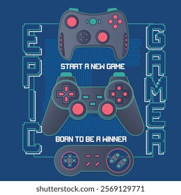 Vector joysticks gamepad illustrations with slogan texts, for t-shirt prints, posters and other uses.