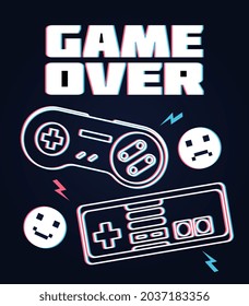 Vector joysticks gamepad. Mocking lettering game over. Stylish wallpaper for your smartphone and computer. Minimalistic picture. Cartoon flat vector illustration isolated on black background
