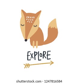 Vector and jpg image. Baby fox and inscription Explore. Scandinavian style art. Decor elements for your stuff and graphic design. Good for gift card and kids products. Clipart. Isolated.