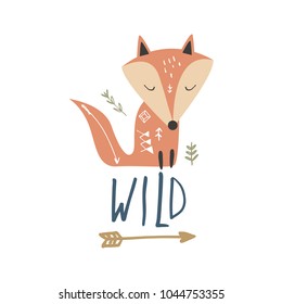 Vector and jpg image. 
Cartoon baby fox. 
Scandinavian art.
Handwritten letters. Baby card. Nursery picture.
Design elements, t-shirt and other clothes print.
Isolated.