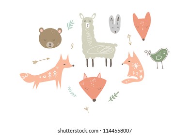 Vector and jpg image, clipart. Cartoon funny wild animals set, baby stylish Illustrations, unique prints for posters, cards, mugs, clothes and other.