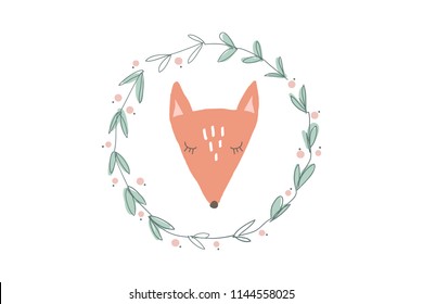 Vector and jpg image, clipart. Cartoon funny fox face, baby stylish Illustration, unique print for posters, cards, mugs, clothes and other.