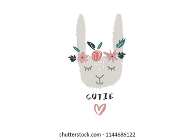 Vector and jpg image, clipart. Cartoon funny girl rabbit face, little bunny. Baby style Illustration, unique print for posters, cards, mugs, clothes and other.