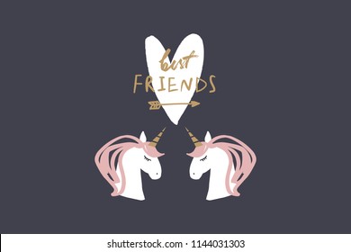 Vector and jpg image, clipart, editable isolated details. Best friends. Cute cartoon unicorns art, nursery stylish Illustration, unique print for posters, cards, clothes, invitations, baby goods.