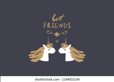 Vector and jpg image, clipart, editable isolated details. Best friends. Cute cartoon unicorns art, nursery stylish Illustration, unique print for posters, cards, clothes, invitations, baby goods.